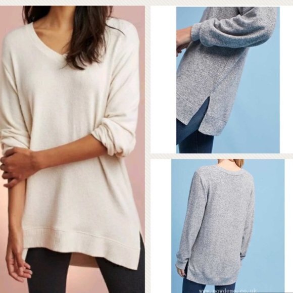 SATURDAY SUNDAY Anthropologie Womens Ivory Hacci V Neck Sweater Tunic‎ Top Sz XS - Picture 1 of 9